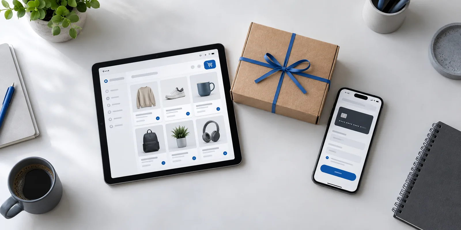 Платформа для інтернет-магазину: каталог товарів на планшеті, оплата карткою на смартфоні й посилка