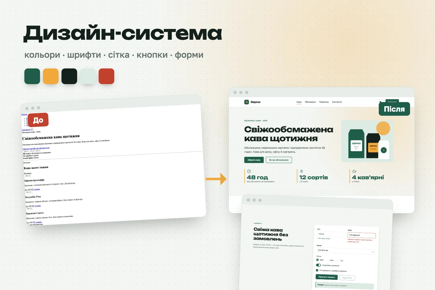 Дизайн-система сайту: сторінка до і після, палітра кольорів і форма в одному стилі