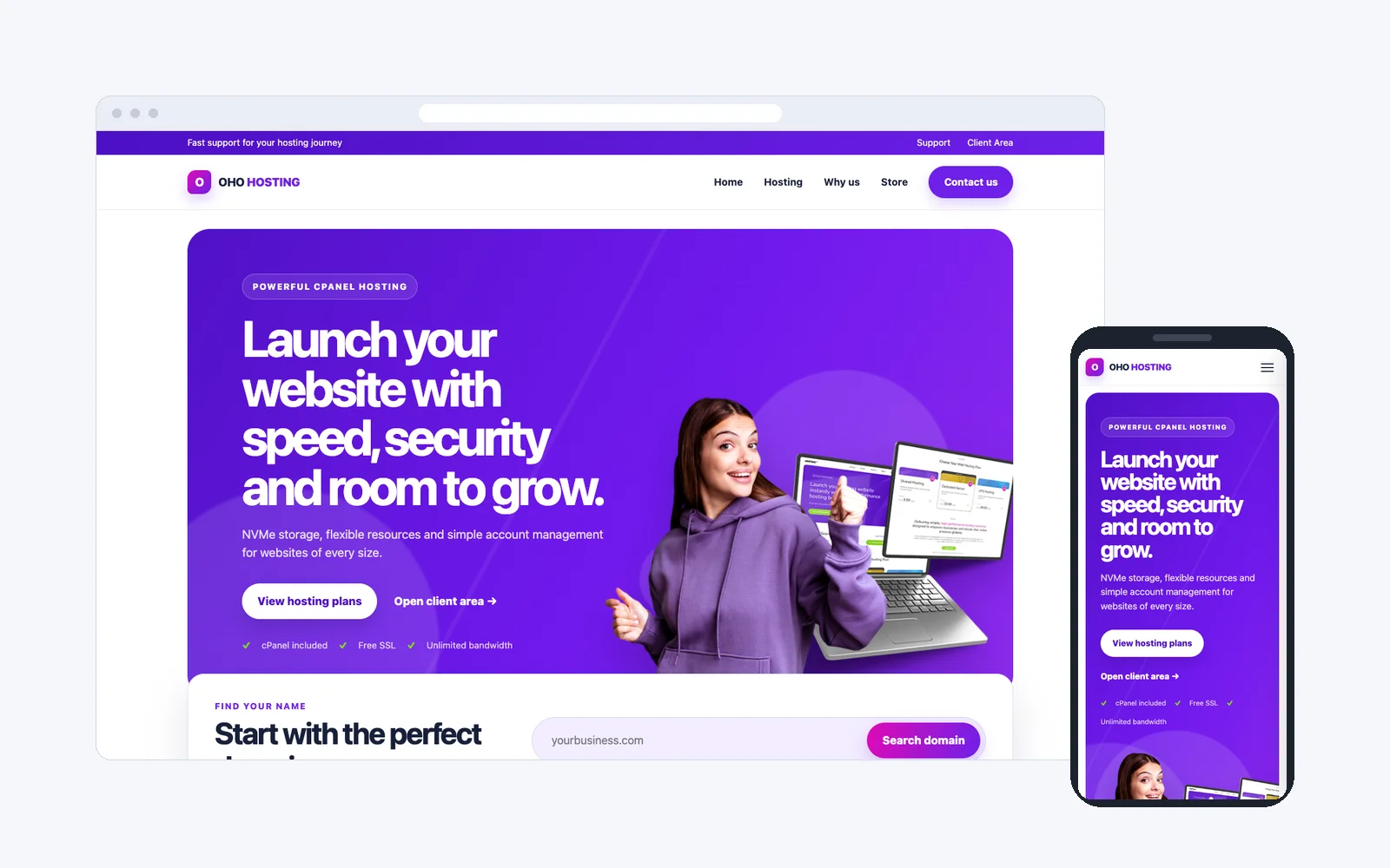 Перший екран сайту OHO Hosting: фіолетовий банер «Launch your website with speed, security and room to grow» і пошук домену