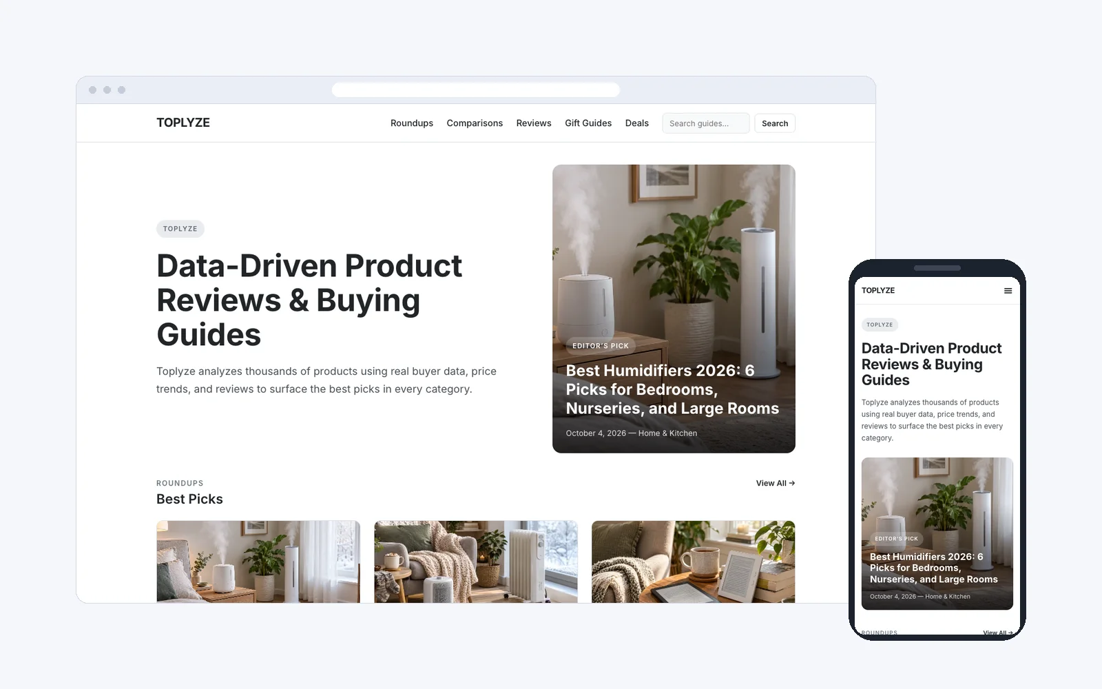 Toplyze на комп'ютері та телефоні: головна сторінка сайту оглядів товарів Amazon