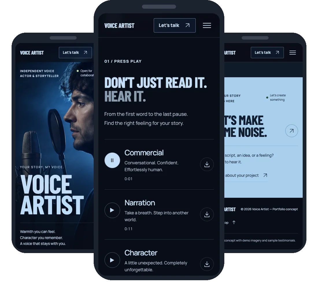 Voice Artist на телефоні: перший екран, аудіодемо й біографія